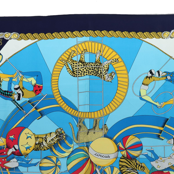 HERMES Carre 90 Scarf ""CIRCUS"" Silk Blue Light Blue white Auth ac3186 - Picture 3 of 15